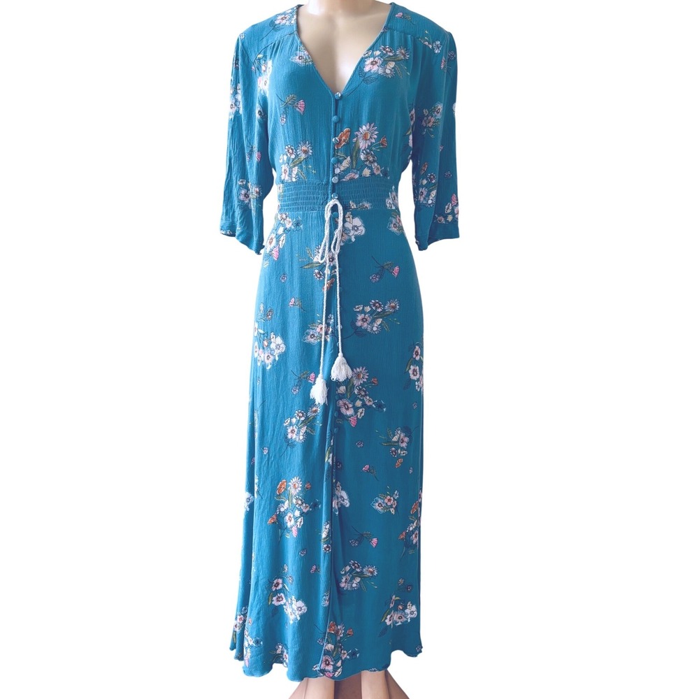 Annabelle Teal Floral Maxi Dress L Smocked Waist Button Front Boho Tassel Tie